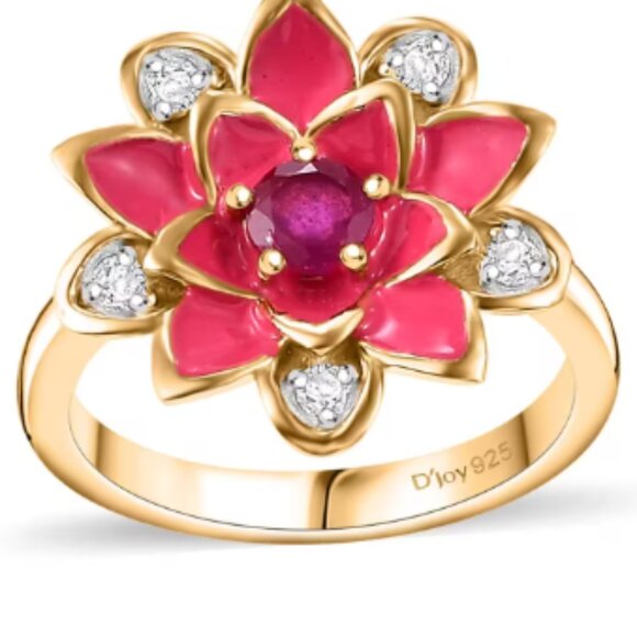Jewelry - Rare and Unique Niassa Ruby (FF) and White Zircon 0.50 ctw, Enameled Floral Ring